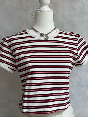 NWOT Reebok Red White & Black Striped Cotton / Spandex Short Sleeve Tee Crop Top